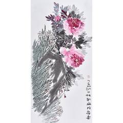 上原霞堂，设色花鸟《松鹤图》国画书法古玩字画装饰挂画。绢本绫裱_