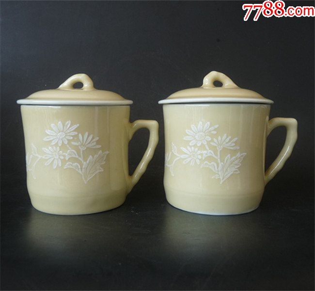 景德镇建国瓷厂黄釉堆白菊花杯一对-黄釉瓷-7788唐卡