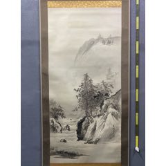 幽月，设色山水《溪村钓叟图》国画书法古玩字画装饰挂画。绢本绫裱_