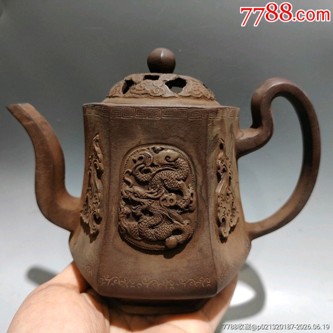 精品珍藏高档紫砂壶六方镂空壶纯手工制作原矿紫泥茶壶家用收藏壶-茶壶