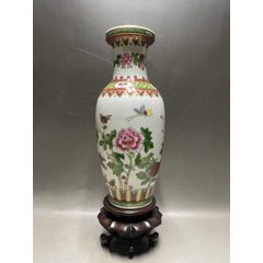 567瓷器／七八十年代景德镇手绘粉彩金地百花不落地赏瓶／摆件+全品+无