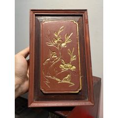 木彫工芸品 花鳥図 透かし彫り 金塗り　オブジェ　アンティーク 精品木雕—民国时期楠木透雕上金花鸟花框一个md1203_木雕花板_东林书屋