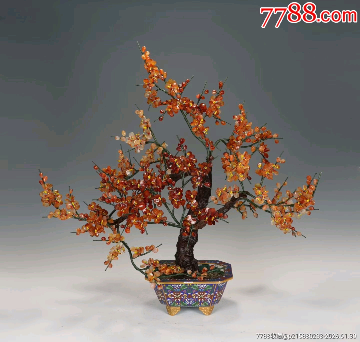 创汇时期景泰蓝玉石盆景红梅花品相如图盆景花盆-景泰蓝/珐琅-7788徽章收藏