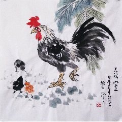 上原霞堂，设色花鸟《松鹤图》国画书法古玩字画装饰挂画。绢本绫裱_