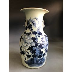 中国　青花　喜字文雙耳瓶　高さ約42.5㎝　V　R7762B 清代青花缠枝莲双喜纹兽耳瓶-青花瓷-7788旧书网