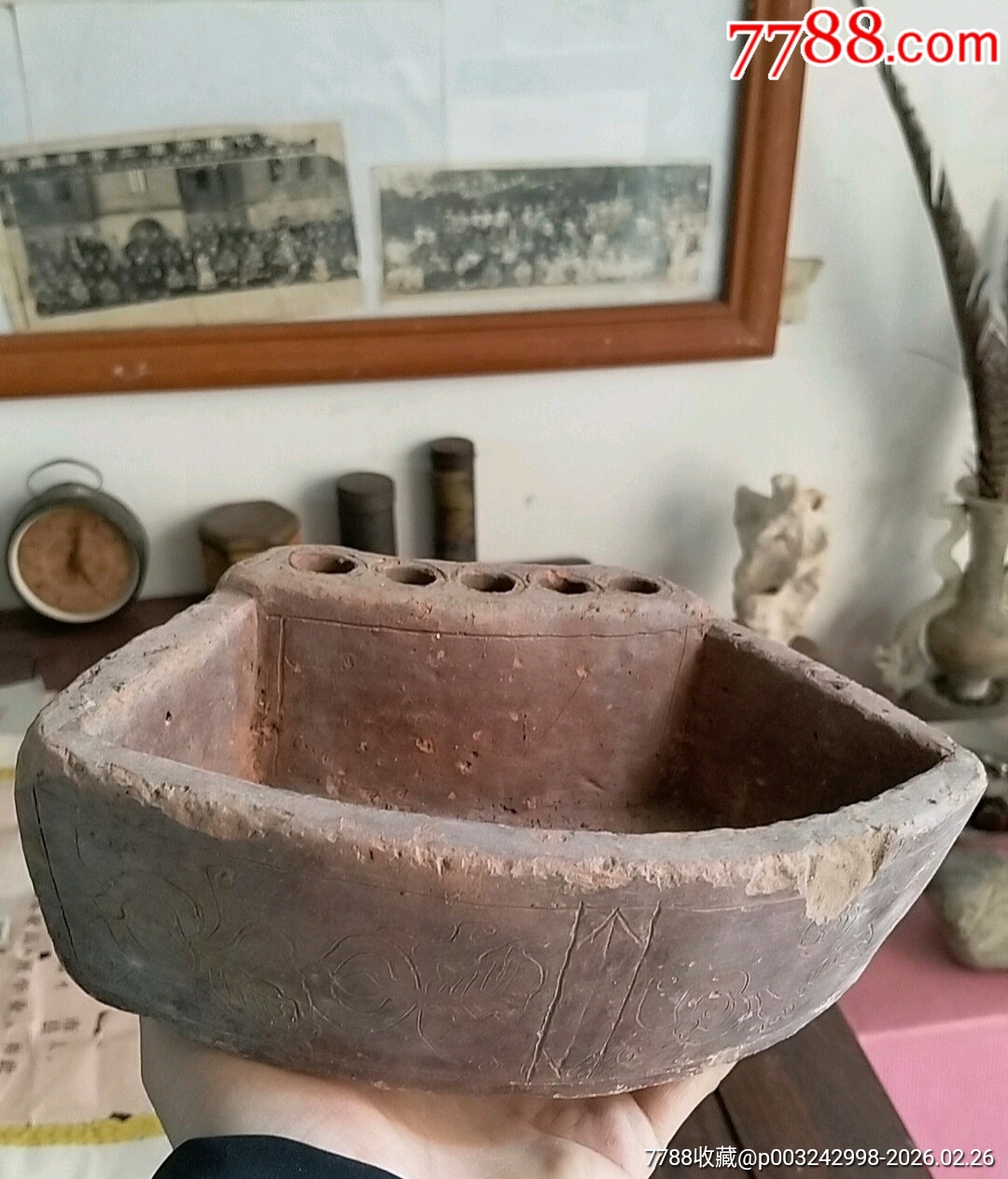 清代红陶笔洗，汉白玉笔洗水仙盆-笔洗-7788徽章收藏