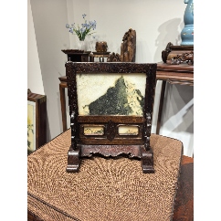 美術品 旧家蔵出 唐物 紅木嵌雲石台屏 「高峰之趣 雲谷」銘
