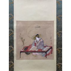 1143号卷轴国画写意人物牧童骑牛图秋风吹下红雨来45.5×69cm作者