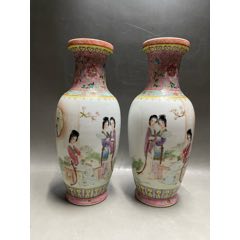 567瓷器／七八十年代景德镇手绘粉彩金地百花不落地赏瓶／摆件+全品+无