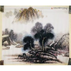 中國古畫 山水畫 幽月，设色山水《溪村钓叟图》国画书法古玩字画装饰挂画。绢本绫裱_