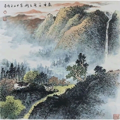薰月，设色山水挂轴《溪村风景图》国画书法手绘字画。绢本绫裱画心尺寸