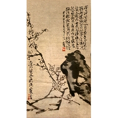 王晖，八十年代梅花中堂画《白梅图》国画书法古玩字画装饰挂画。纸本绫