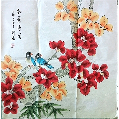 中国古美術・花卉図三尺画芯・朱軍印款・水墨彩色画・純手描き・文房・宣紙・带水印 碧山，水墨花鸟画《松鹤图》国画书法手绘字画。纸本绫裱画心尺寸93*40_