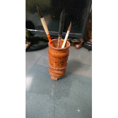 老黄花梨笔筒古董老木器清代黄花梨油梨鬼脸纹山水纹笔筒文房雅器_笔筒