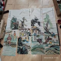 1143号卷轴国画写意人物牧童骑牛图秋风吹下红雨来45.5×69cm作者