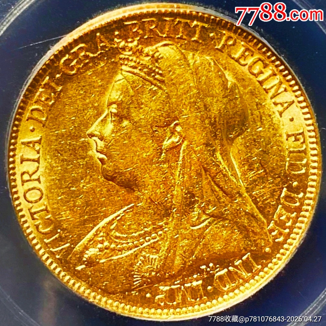 少见1898年维多利亚披纱马剑22k金纪念金币公博评级MS63收藏_英国钱币_