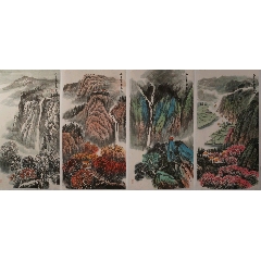 幽月，设色山水《溪村钓叟图》国画书法古玩字画装饰挂画。绢本绫裱_
