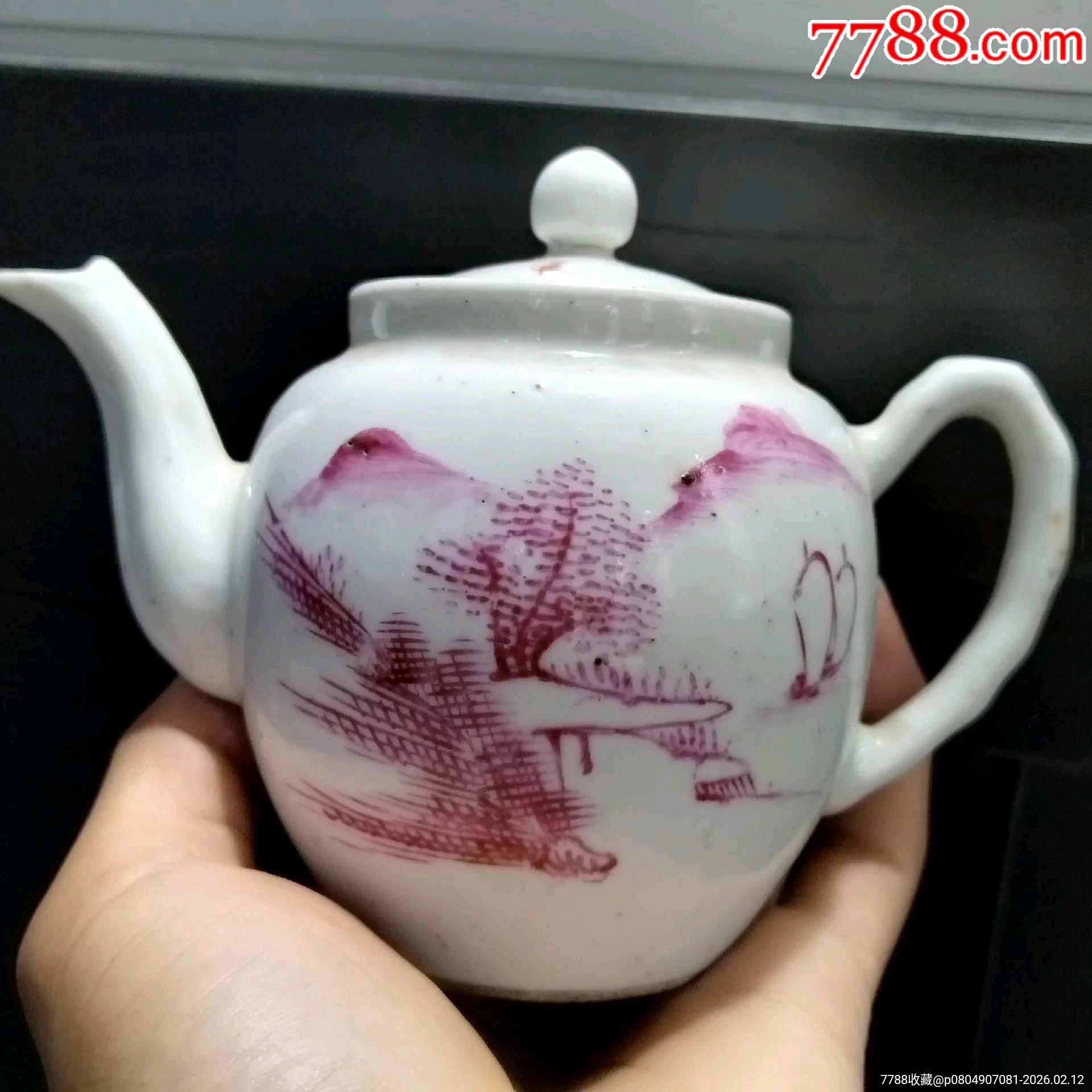 古玩老货清末民国胭脂红花卉茶壶一把-红釉瓷-7788徽章收藏