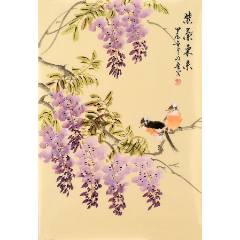 上原霞堂，设色花鸟《松鹤图》国画书法古玩字画装饰挂画。绢本绫裱_