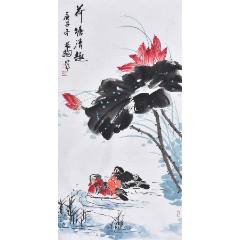 上原霞堂，设色花鸟《松鹤图》国画书法古玩字画装饰挂画。绢本绫裱_