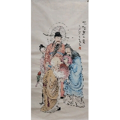 冈本大更，民国时期工笔人物画《子供武者图》国画书法古玩字画。原配木