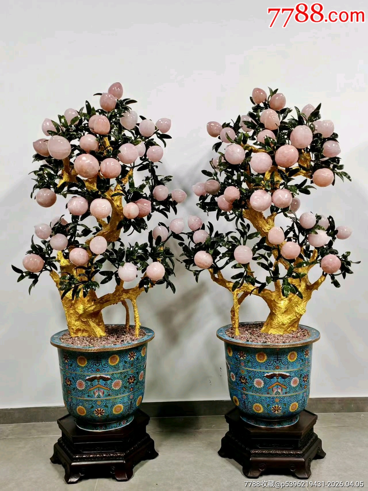 景泰蓝粉水晶寿桃盆景一对大尺寸摆件-景泰蓝/珐琅-7788商城