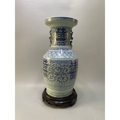 清嘉道青花人物山水狮耳长方瓶_青花瓷_草木斋【7788旧书网】