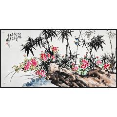殷锦山，七十年代中堂画《双虎图》国画书法古玩字画。绢本绫裱画心尺寸