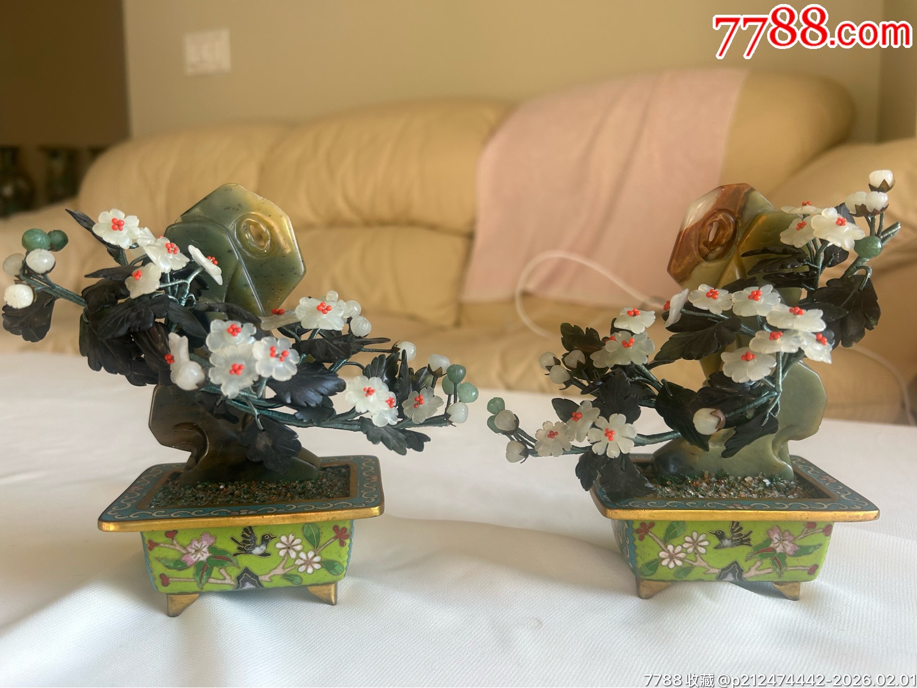 解放初期景泰蓝掐丝珐琅多宝玉石盆景一对-景泰蓝/珐琅-7788搪瓷收藏