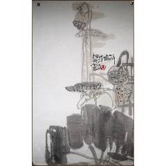 张大千（款），大幅泼墨中堂画《荷花图》国画书法古玩字画装饰挂画。纸