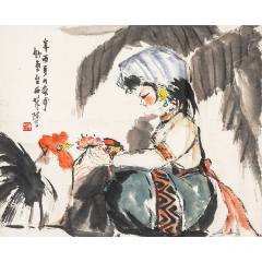 1143号卷轴国画写意人物牧童骑牛图秋风吹下红雨来45.5×69cm作者