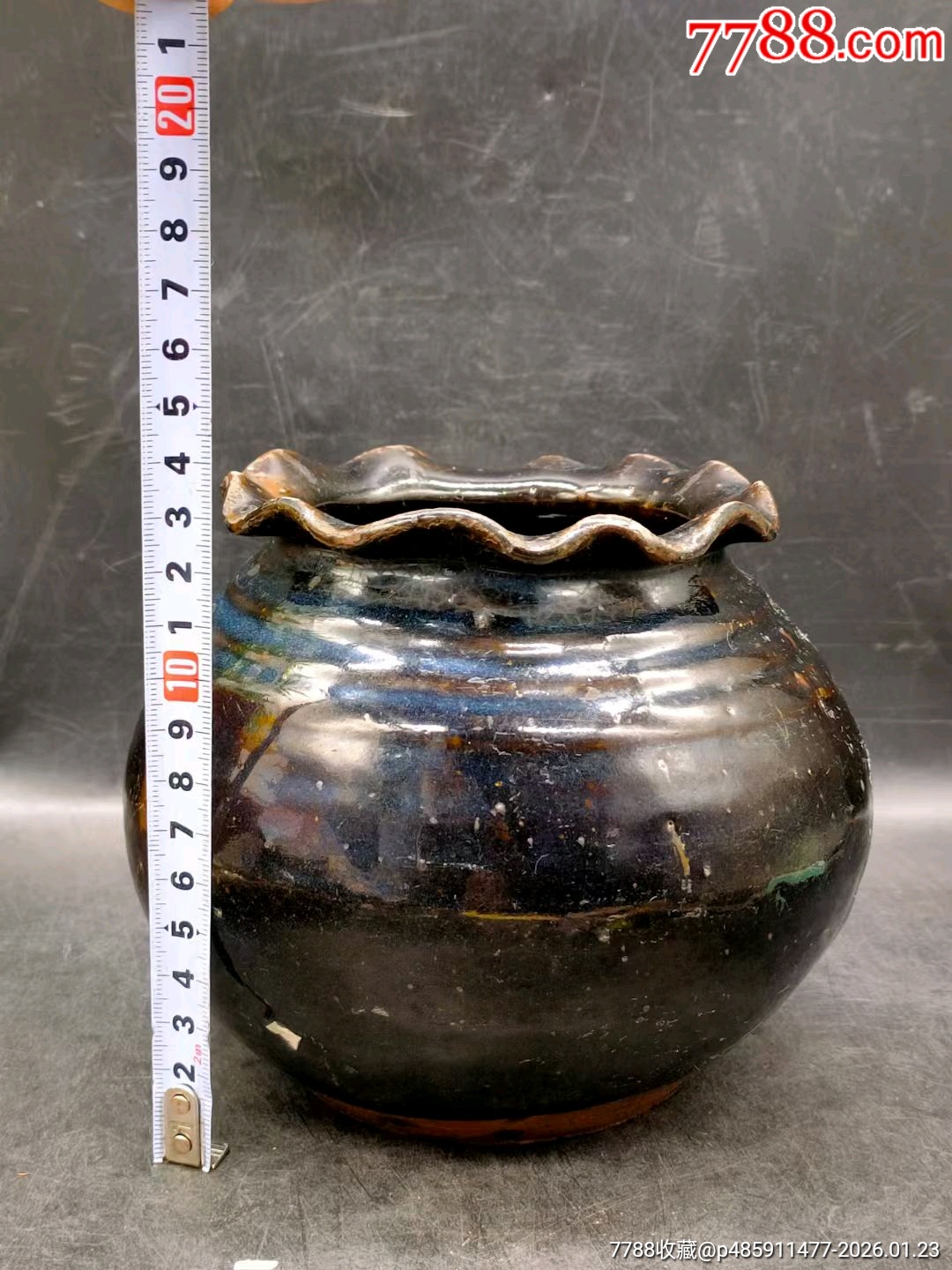 朝鲜李朝时期黑釉窑变釉口袋型花边口罐子-黑瓷/天目瓷-7788水烟壶