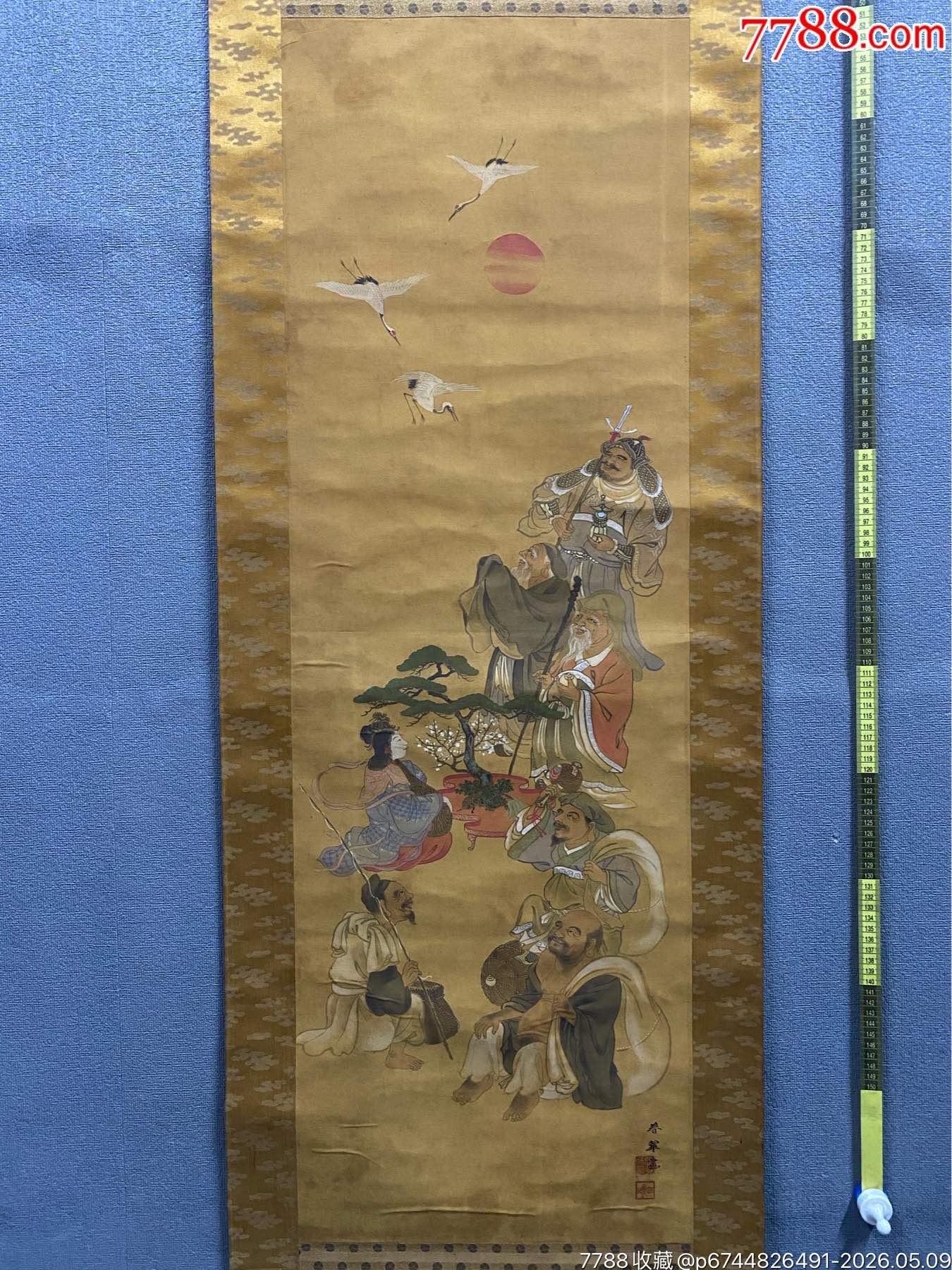 春翠，清末民国时期工笔人物画《七福神》国画书法手绘字画。原配木箱