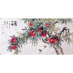 上原霞堂，设色花鸟《松鹤图》国画书法古玩字画装饰挂画。绢本绫裱_