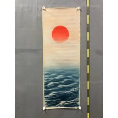幽月，设色山水《溪村钓叟图》国画书法古玩字画装饰挂画。绢本绫裱_
