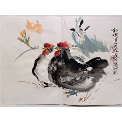 1143号卷轴国画写意人物牧童骑牛图秋风吹下红雨来45.5×69cm作者