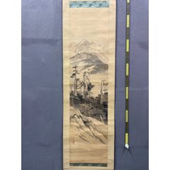 古月，水墨山水画《江畔人家》国画书法古玩字画装饰挂画。纸本绫裱画心