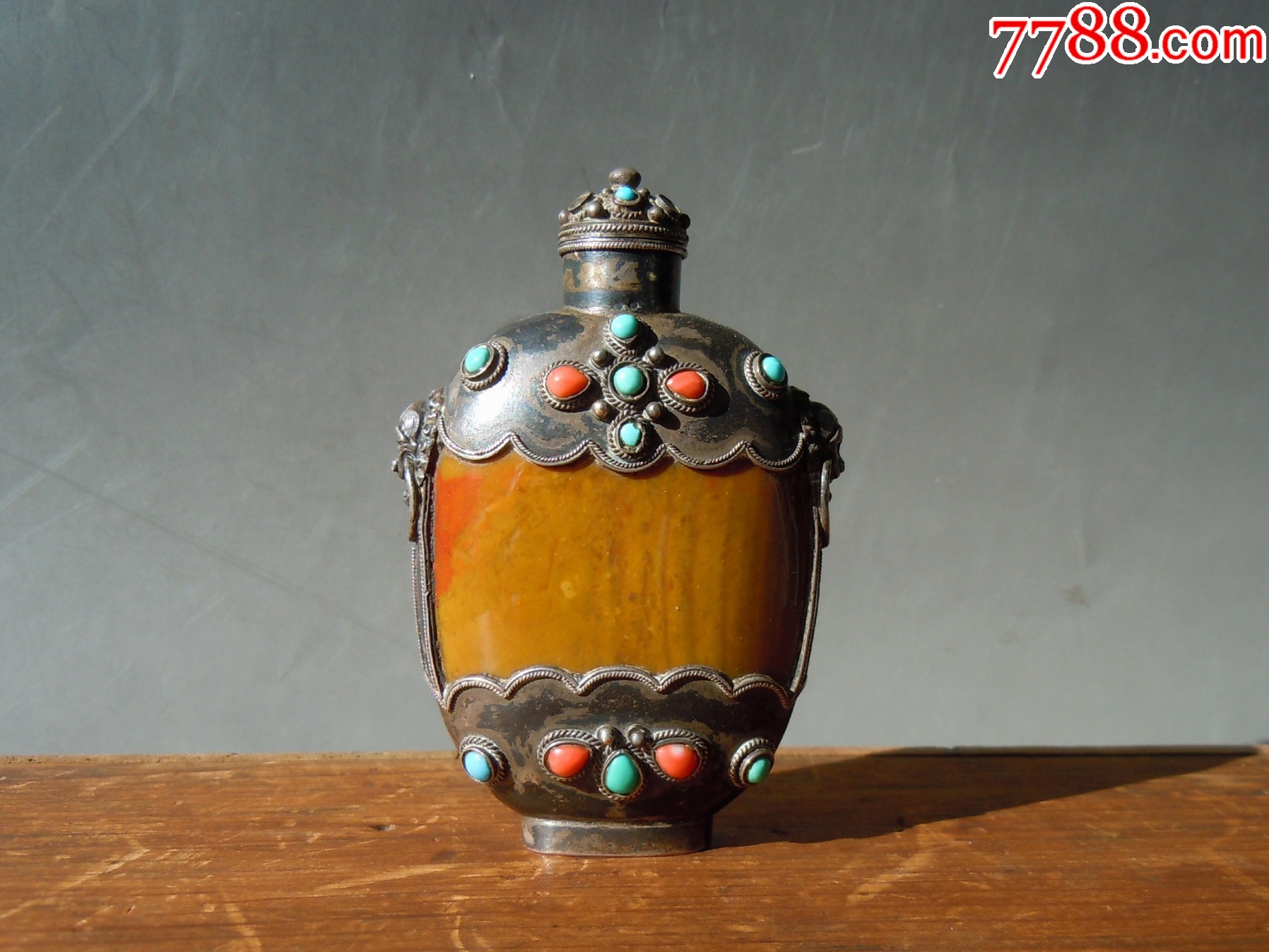 清代蒙古玛瑙嵌银鼻烟壶！-鼻烟壶-7788巴林石