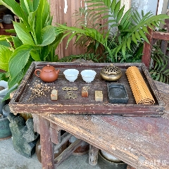 清時代 古花梨木彫 空彫 茶盤 盤 茶擺 茶置物 茶道具 煎茶道具 時代物