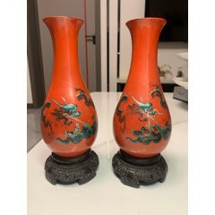 创汇时期铜胎堆朱剔红花瓶一个带原标签红牡丹花手工雕刻_旧漆器_天雅