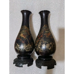 创汇时期铜胎堆朱剔红花瓶一个带原标签红牡丹花手工雕刻_旧漆器_天雅