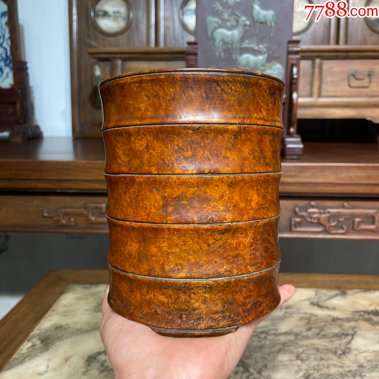 老黄花梨笔筒古董老木器明清文房雅器清代黄花梨瘿木竹节形大笔筒_笔筒