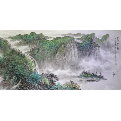 幽月，设色山水《溪村钓叟图》国画书法古玩字画装饰挂画。绢本绫裱_