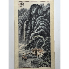 正国，七十年代设色山水画中堂《溪山归樵图》国画书法古玩字画装饰挂画