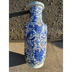 染付大型花瓶 中国清時代 青花喜字文双耳瓶 獅子壽者双耳活環 花入