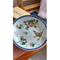 清末至民国初景德镇瓷器黄锦丰造粉彩蓝牡丹花卉碟真品_旧瓷器_江海博物