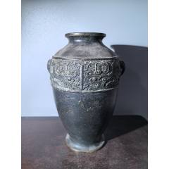 整理中　鋳銅　清富造　象嵌饕餮文　双耳香炉　1098 民国大漆饕餮纹象耳清供铜瓶包老铜器香炉笔架钱币镇尺墨-铜皿/盛具