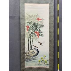 慧儿，七十年代工笔花鸟中堂《富贵万年图》国画书法古玩字画装饰挂画