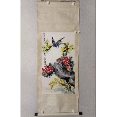 上原霞堂，设色花鸟《松鹤图》国画书法古玩字画装饰挂画。绢本绫裱_