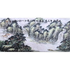 华峰，设色山水茶挂《樱山楼阁图》国画书法古玩字画装饰挂画。纸本绫裱